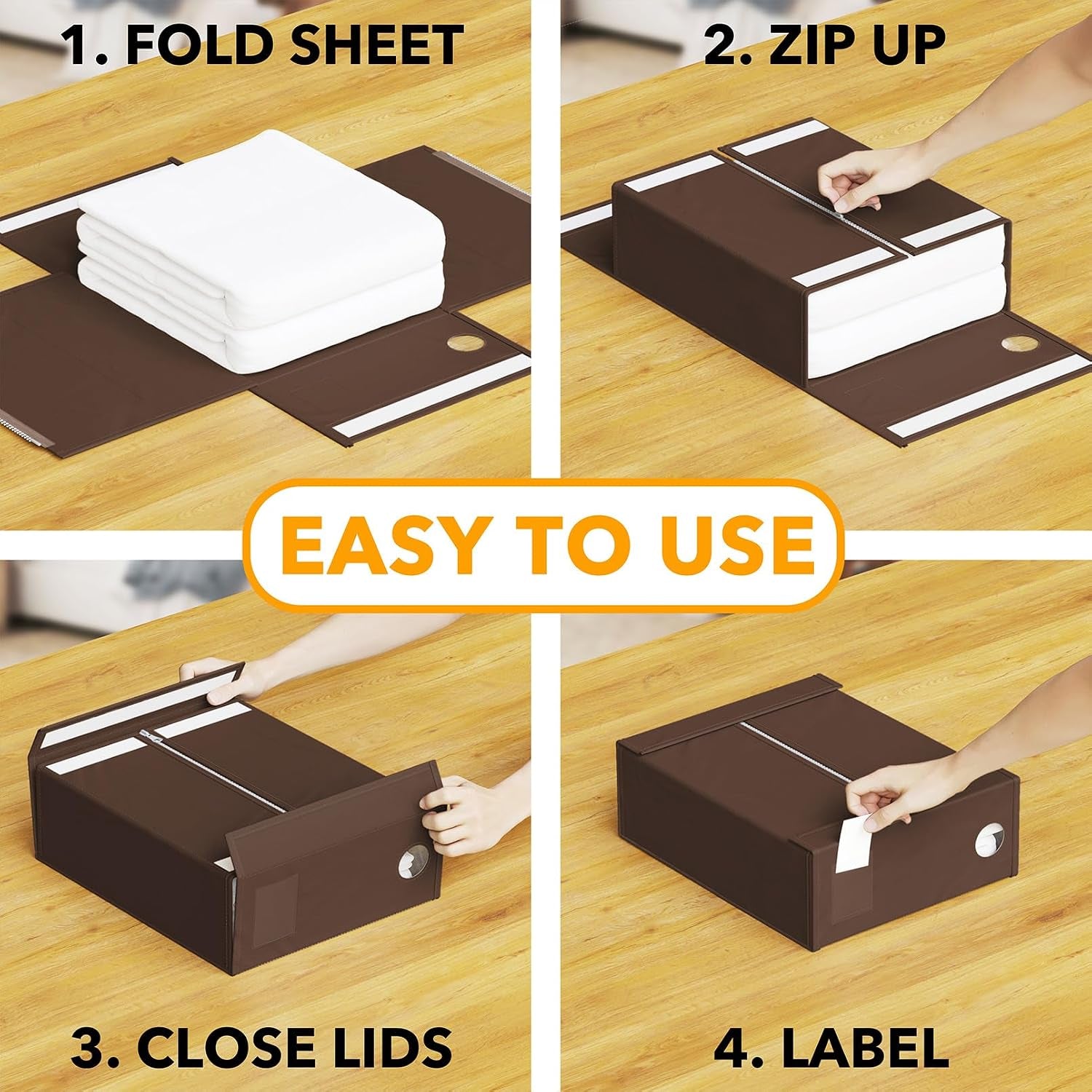 6 Pack Bed Sheet Organizers and Storage, Foldable Sheet Organizer with Window for Linen Closet, Set Folder Keeper for Queen & King Size Bedding Storage (Brown)