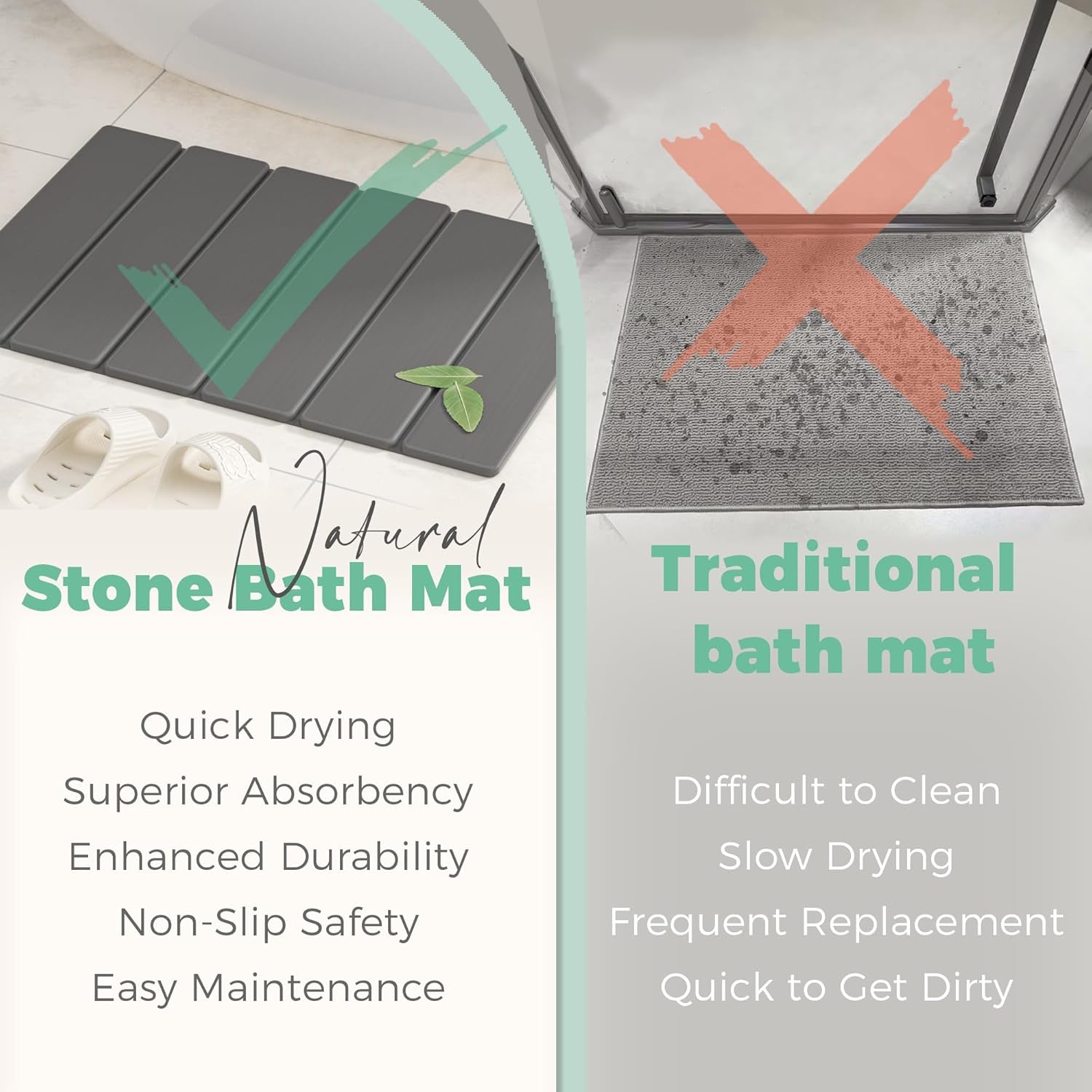 Diatomite Bath Mat - Non-Slip, Quick Dry, Easy to Clean, Dark Gray, 23.81" X 15.