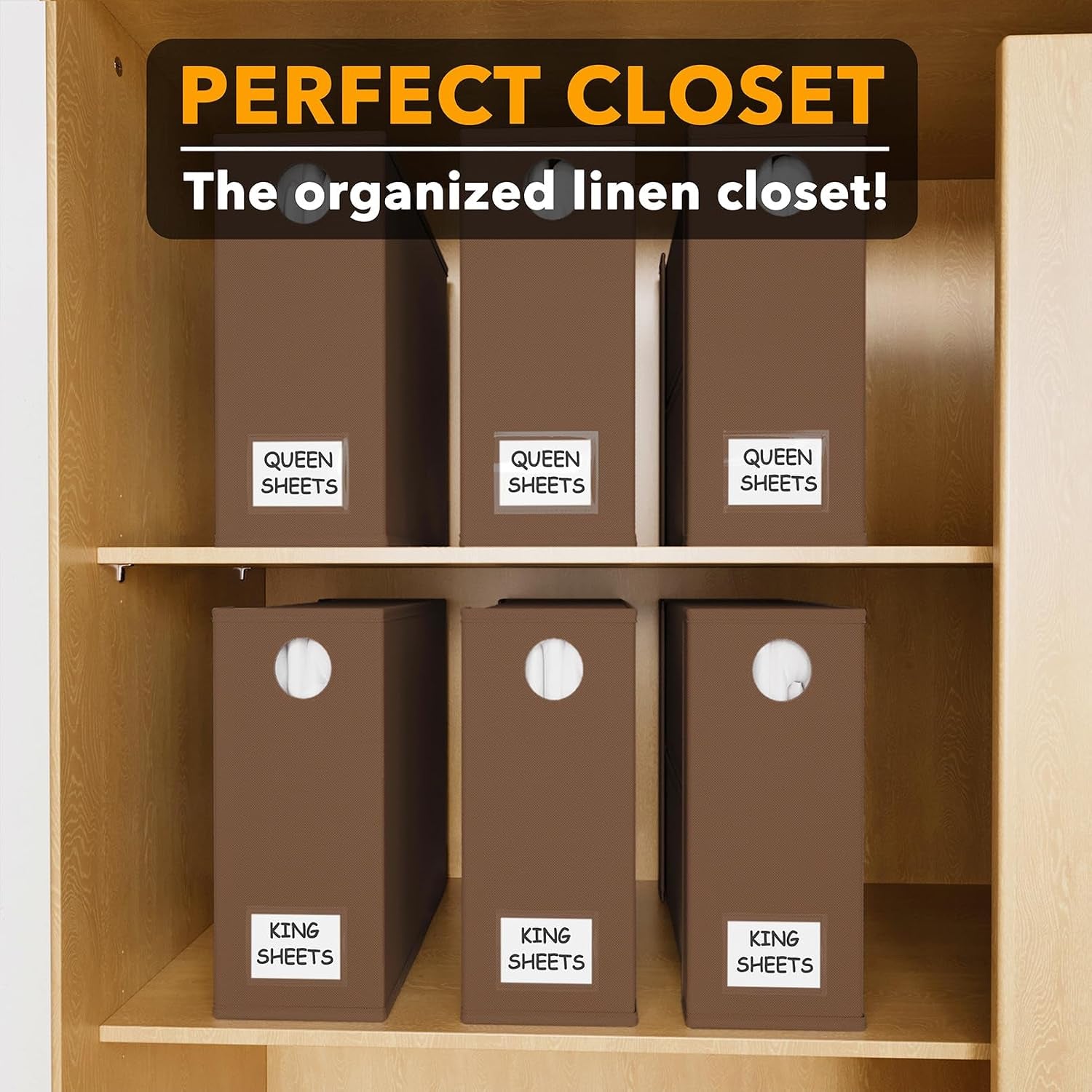 6 Pack Bed Sheet Organizers and Storage, Foldable Sheet Organizer with Window for Linen Closet, Set Folder Keeper for Queen & King Size Bedding Storage (Brown)