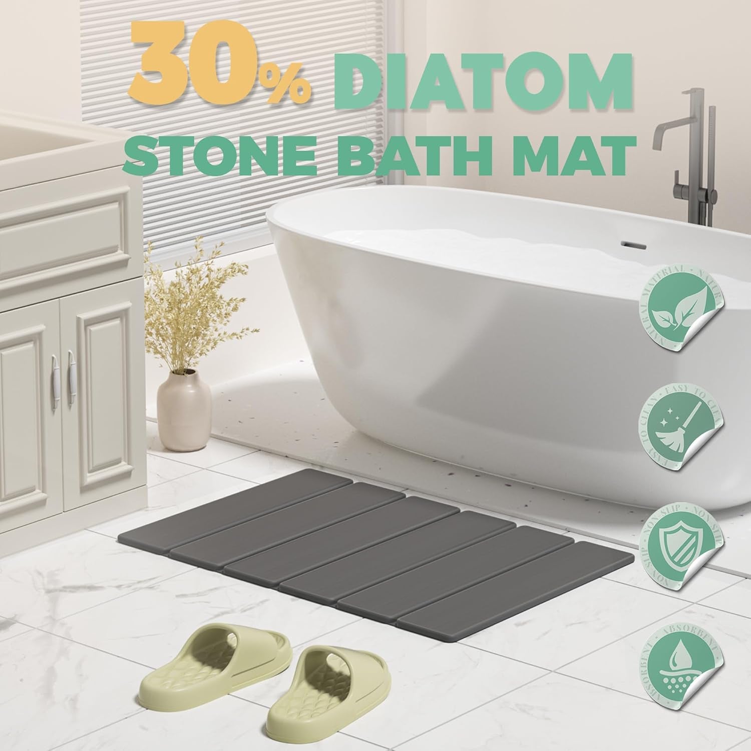 Diatomite Bath Mat - Non-Slip, Quick Dry, Easy to Clean, Dark Gray, 23.81" X 15.
