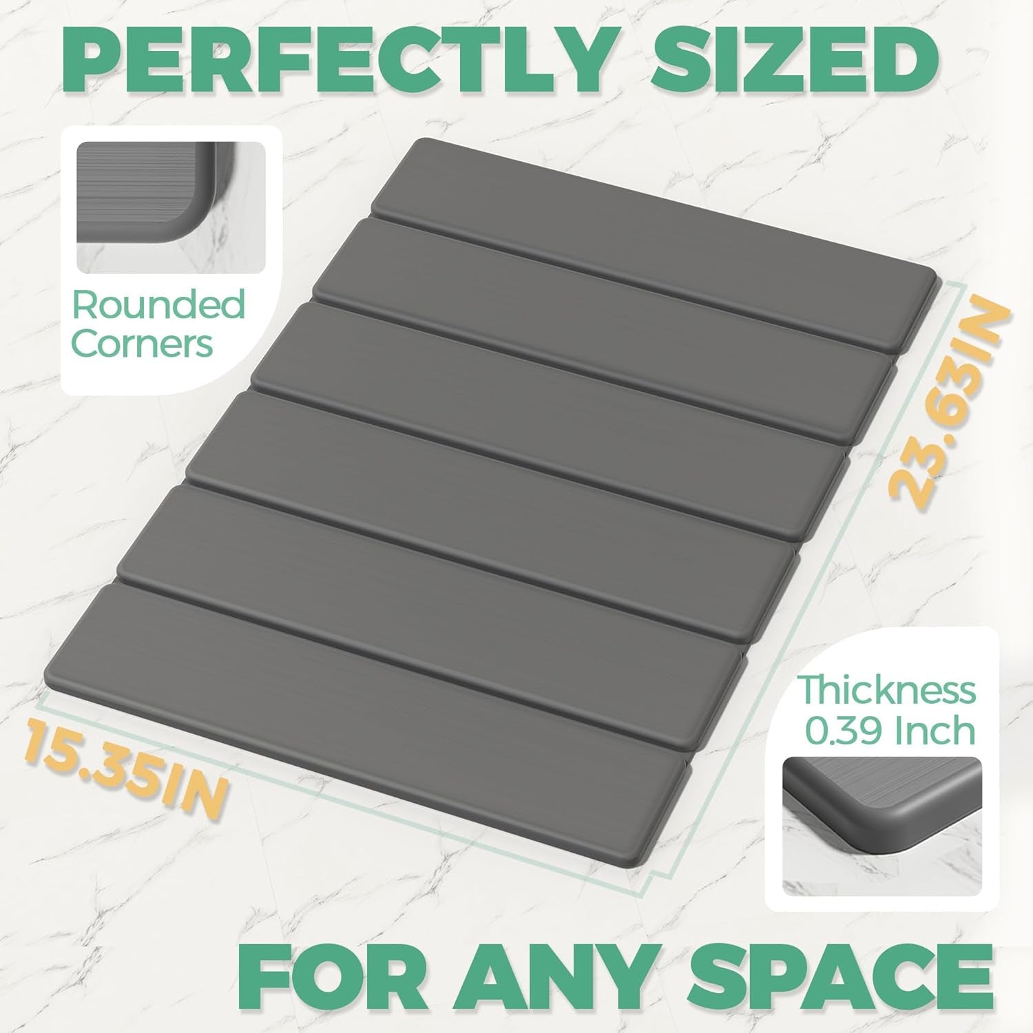 Diatomite Bath Mat - Non-Slip, Quick Dry, Easy to Clean, Dark Gray, 23.81" X 15.