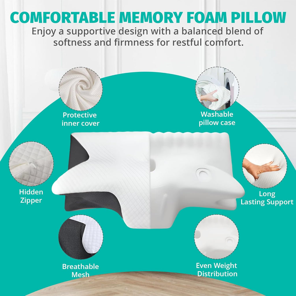 Cervical Neck Pillow for Sleeping – Memory Foam Back Sleeper Pillow & Stomach Sleeper Pillow for Adults – Ergonomic Design for Side Sleepers with Shoulder, Back & Neck Support