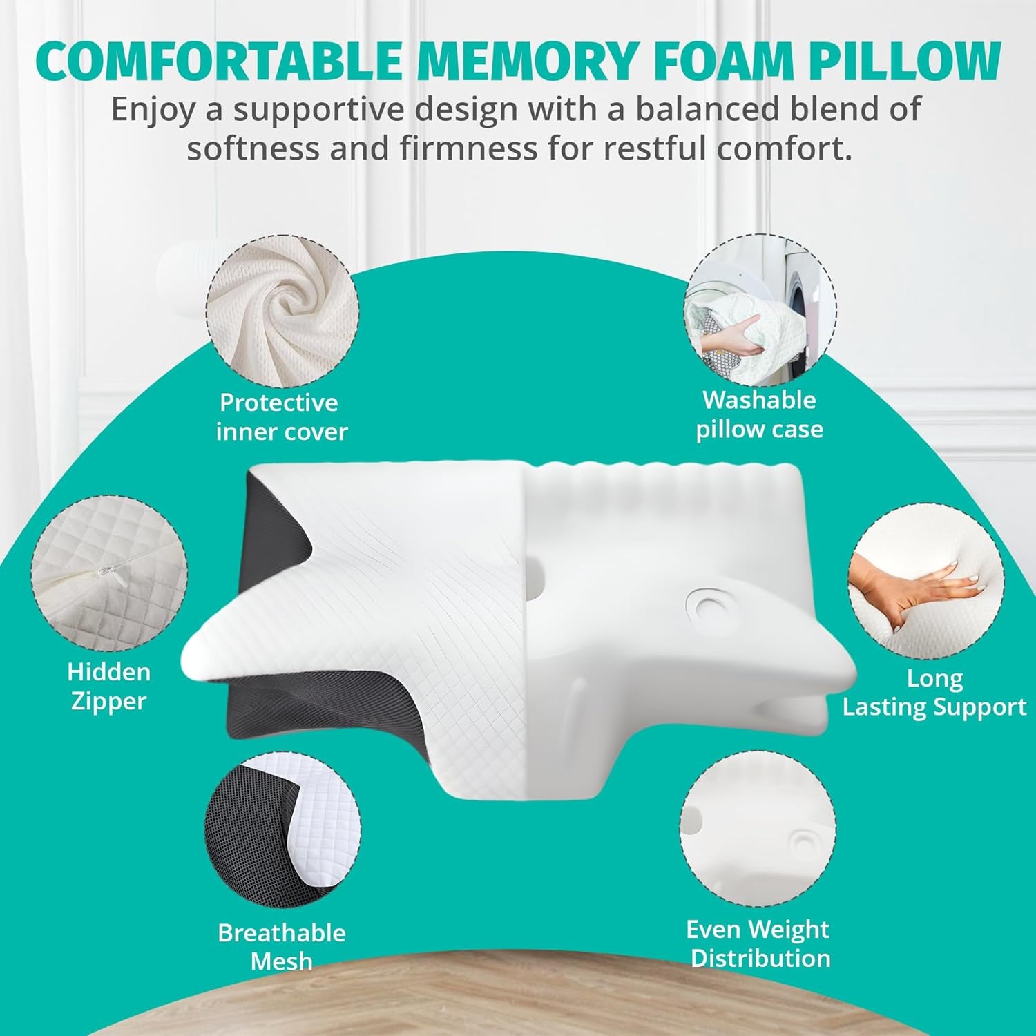 Cervical Neck Pillow for Sleeping – Memory Foam Back Sleeper Pillow & Stomach Sleeper Pillow for Adults – Ergonomic Design for Side Sleepers with Shoulder, Back & Neck Support
