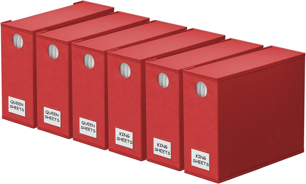 6 Pack Bed Sheet Organizers and Storage, Foldable Sheet Organizer with Window for Linen Closet, Set Folder Keeper for Queen & King Size Bedding Storage (Red)