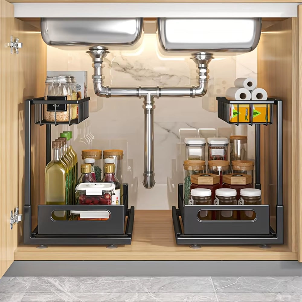 Under Sink Organizers, Metal Pull Out under Sink Organizers,Storage Shelves with Sliding Drawer,Under Sink Storage for Kitchen