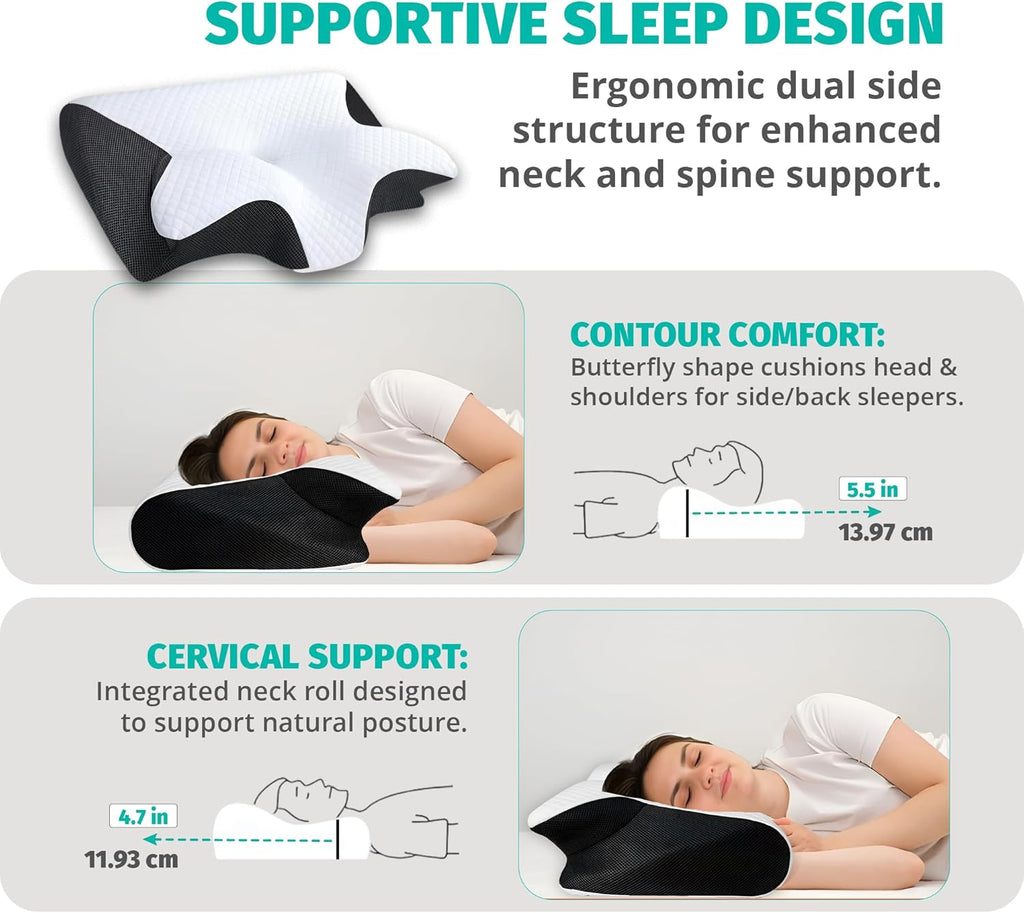 Cervical Neck Pillow for Sleeping – Memory Foam Back Sleeper Pillow & Stomach Sleeper Pillow for Adults – Ergonomic Design for Side Sleepers with Shoulder, Back & Neck Support