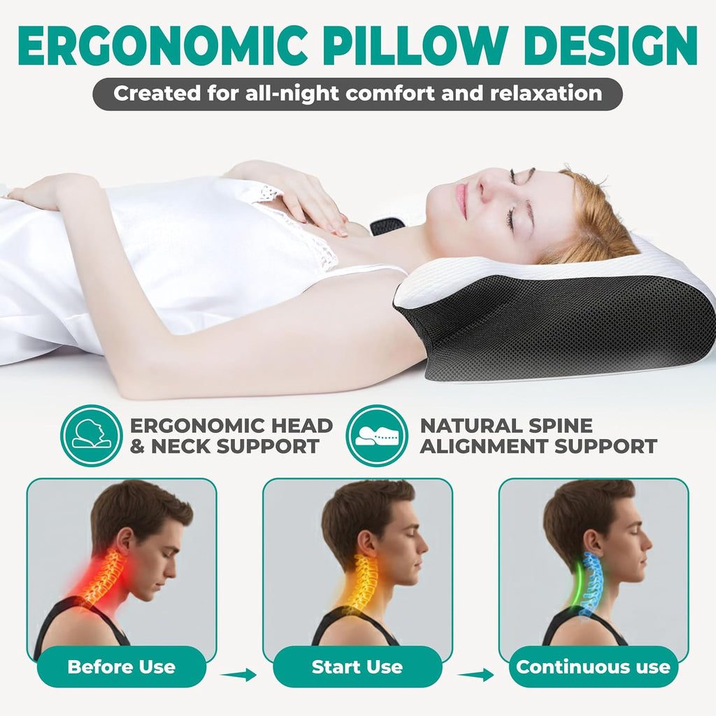 Cervical Neck Pillow for Sleeping – Memory Foam Back Sleeper Pillow & Stomach Sleeper Pillow for Adults – Ergonomic Design for Side Sleepers with Shoulder, Back & Neck Support