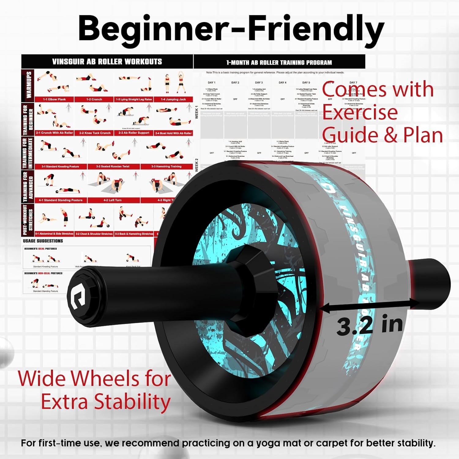 Ab Roller Wheel, Abs & Core Workout Equipment for Home Gym with Knee Pad Accessories, Abdominal Wheel for Full-Body Strength Training