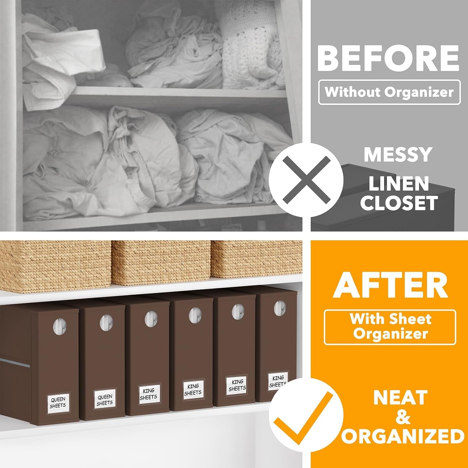 6 Pack Bed Sheet Organizers and Storage, Foldable Sheet Organizer with Window for Linen Closet, Set Folder Keeper for Queen & King Size Bedding Storage (Brown)