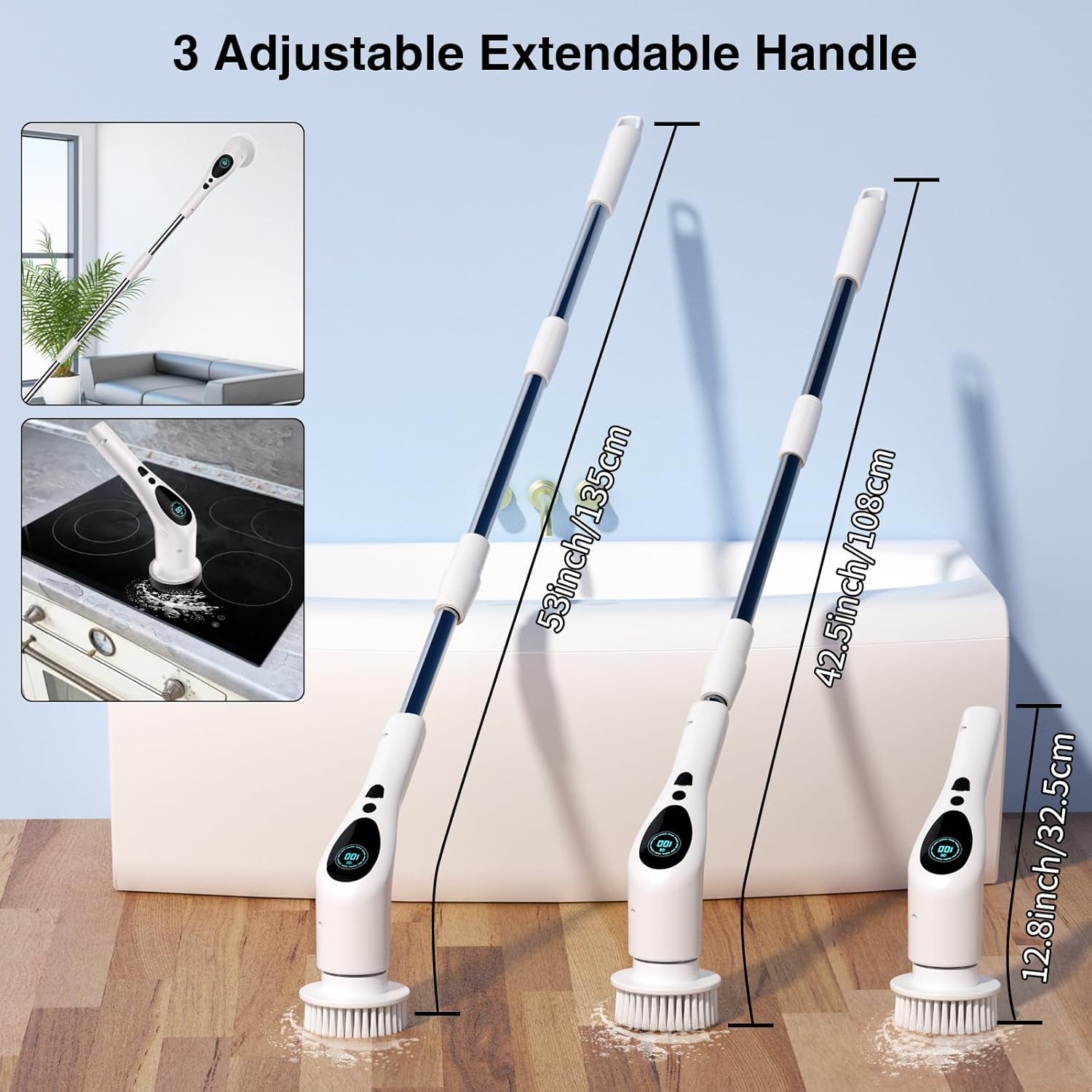 Electric Spin Scrubber, Electric Spin Cordless Tub and Tile Scrubber with Voice Broadcasting 3 Speed 9 Replaceable Clean Heads Power Spin Scrubbers