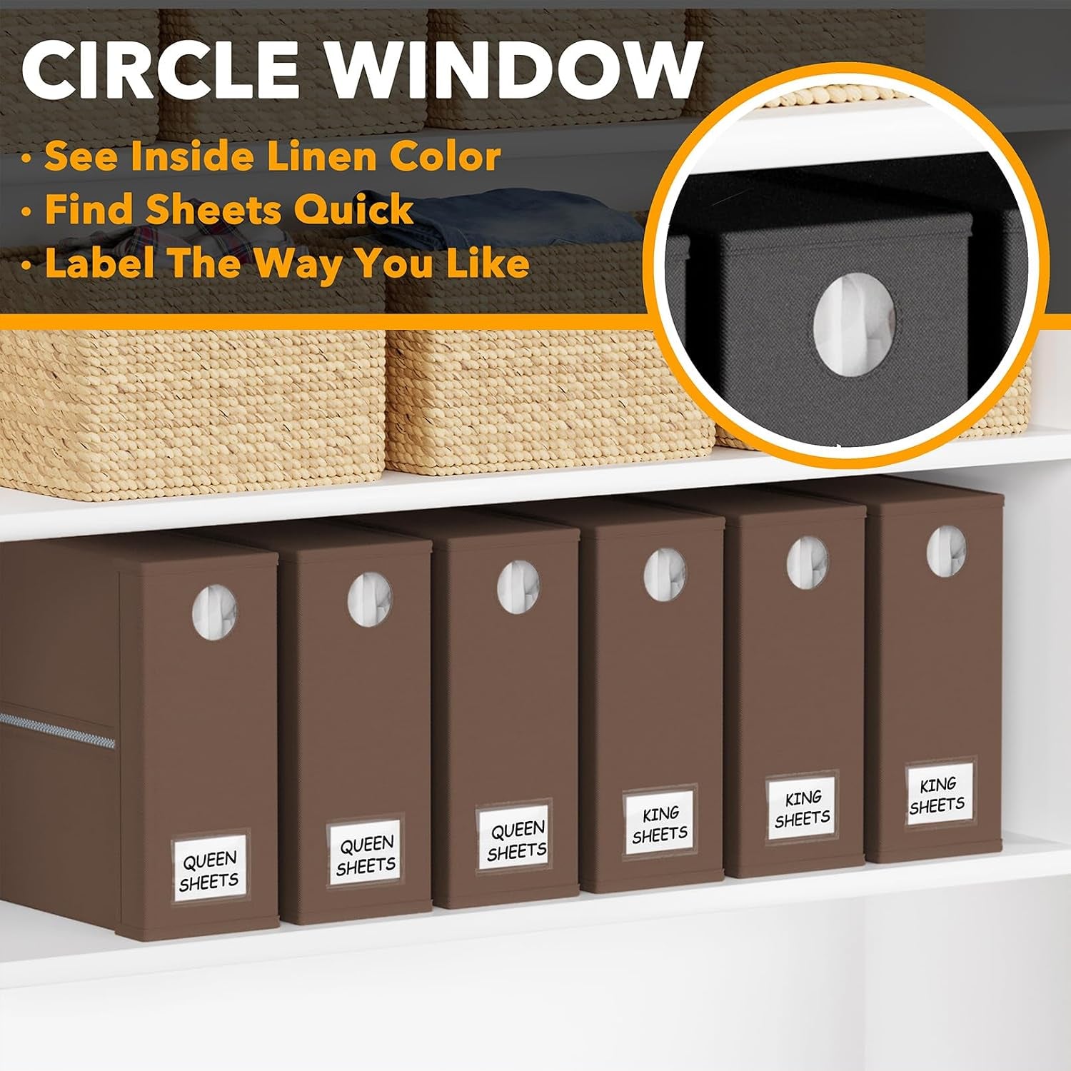 6 Pack Bed Sheet Organizers and Storage, Foldable Sheet Organizer with Window for Linen Closet, Set Folder Keeper for Queen & King Size Bedding Storage (Brown)