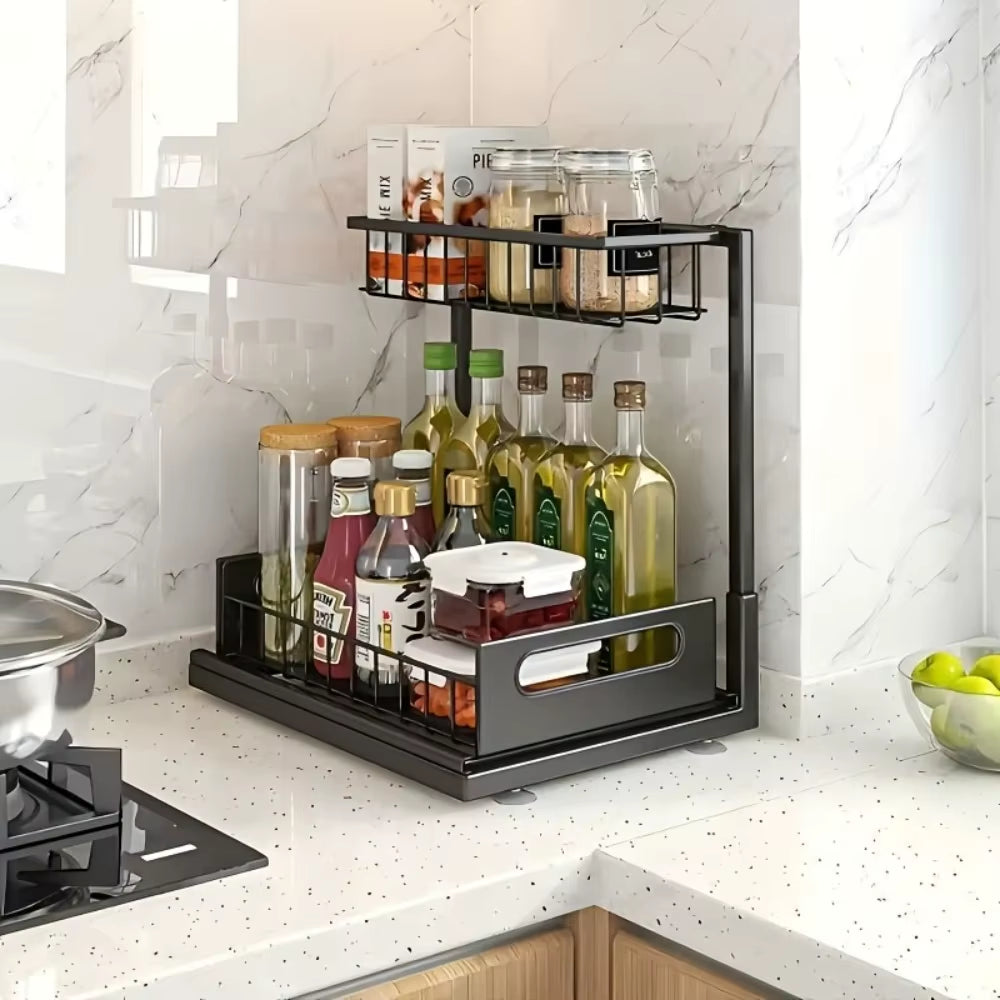 Under Sink Organizers, Metal Pull Out under Sink Organizers,Storage Shelves with Sliding Drawer,Under Sink Storage for Kitchen