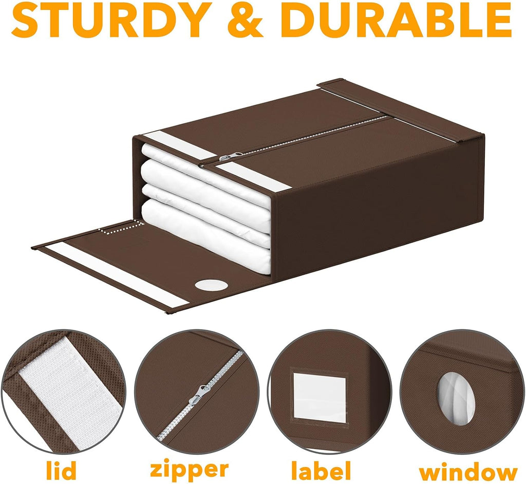 6 Pack Bed Sheet Organizers and Storage, Foldable Sheet Organizer with Window for Linen Closet, Set Folder Keeper for Queen & King Size Bedding Storage (Brown)